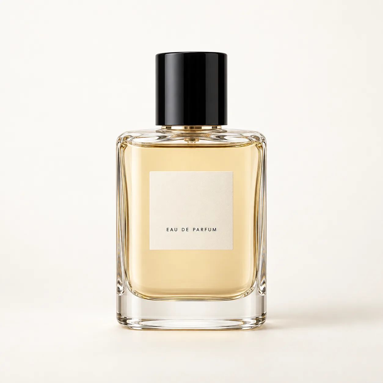 ماء العطر في زجاجة زجاجية شفافة برأس أسود، 100 مل.