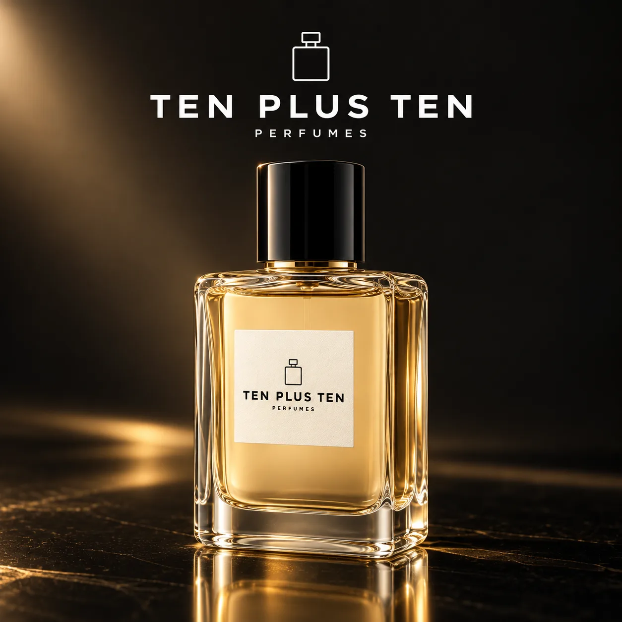 Golden eau de parfum in square glass bottle with black cap and white label.